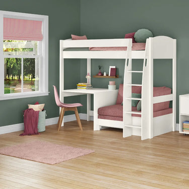 Uno S High Sleeper Bed with Pink Blossom Sofa Bed, Fixed and Pull-Out Desk